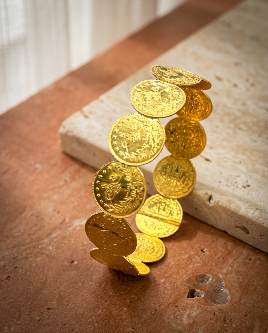 Goldmünzen-Armband 22 Karat auf Travertin