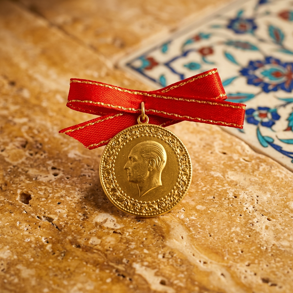 Goldmünz-Anhänger mit roter Schleife – Geschenk zur Geburt