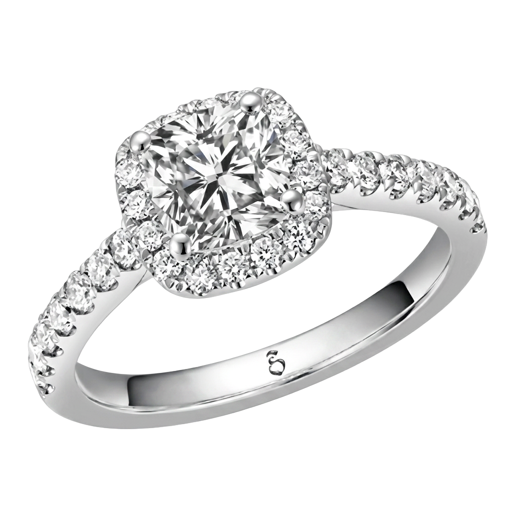 Fancy Solitaire mit Halo-Fassung, Cushion-Cut