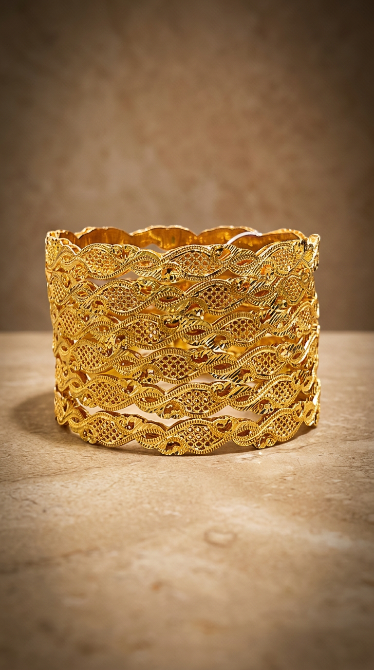 22 Karat Dubai Armreifen-Stack mit filigranen Wellen-Ornamenten