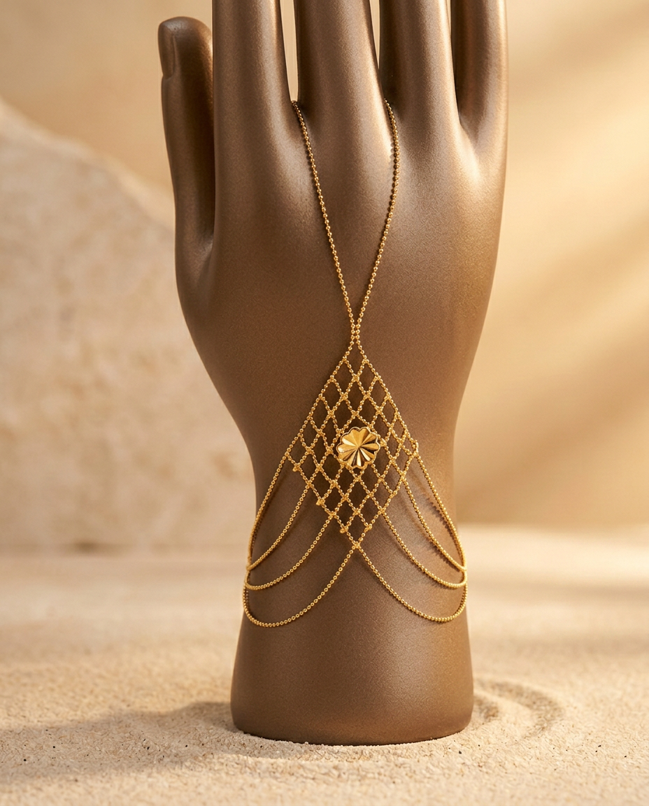 22 Karat Dubai Handkette mit Netzmuster und floraler Rosette