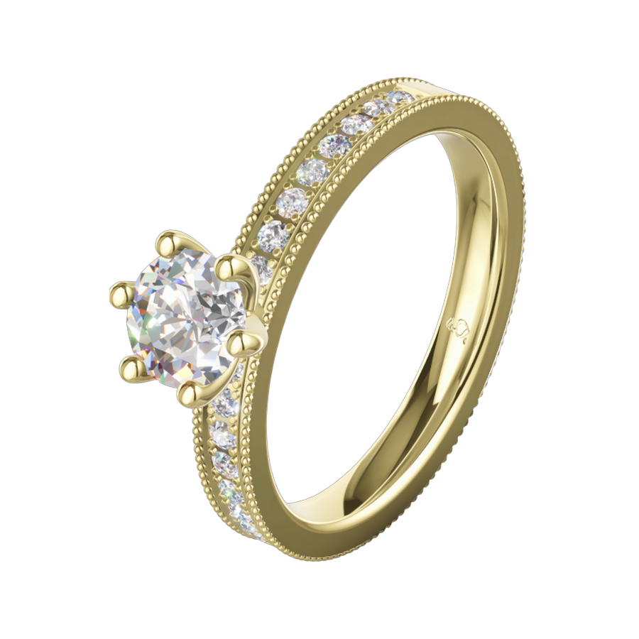 Solitärring in Gelbgold mit Millegriff und Pavéschiene