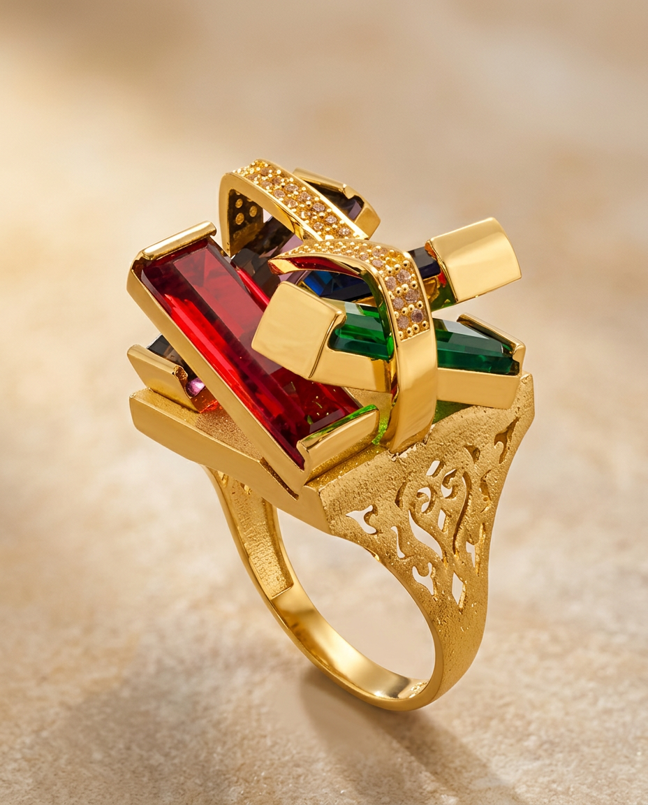 22 Karat Dubai Statement-Ring mit farbigen Edelsteinen