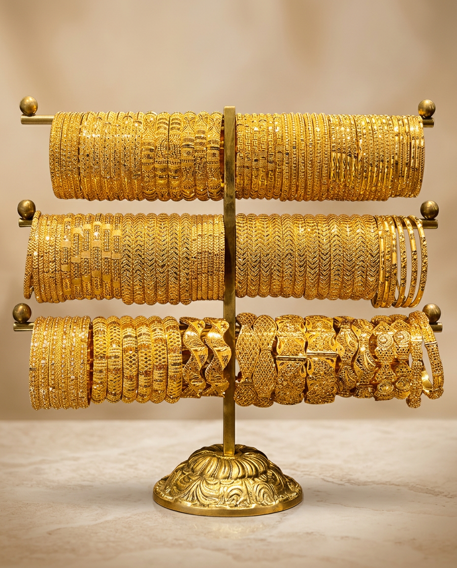 22 Karat Dubai Armreifen-Kollektion auf goldenem Display