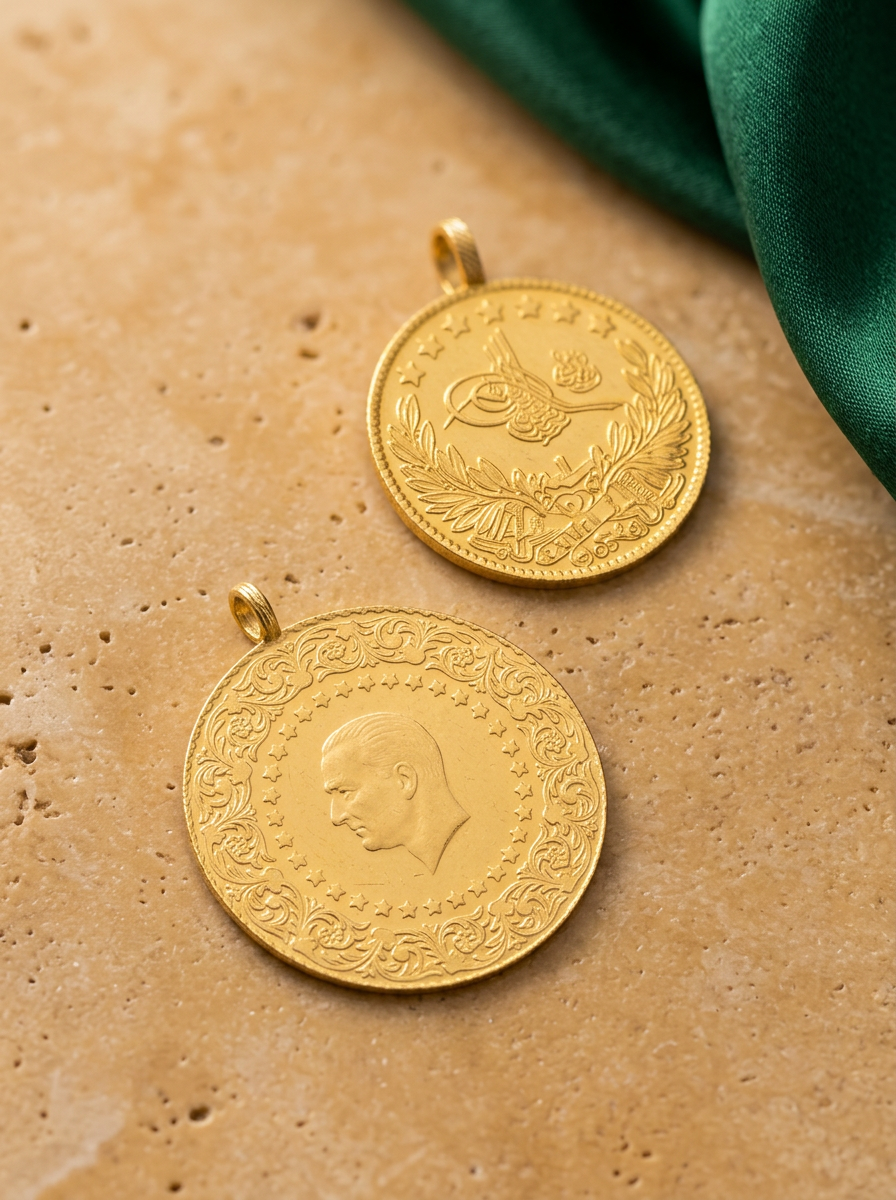 Osmanische Goldmünz-Anhänger auf Travertin